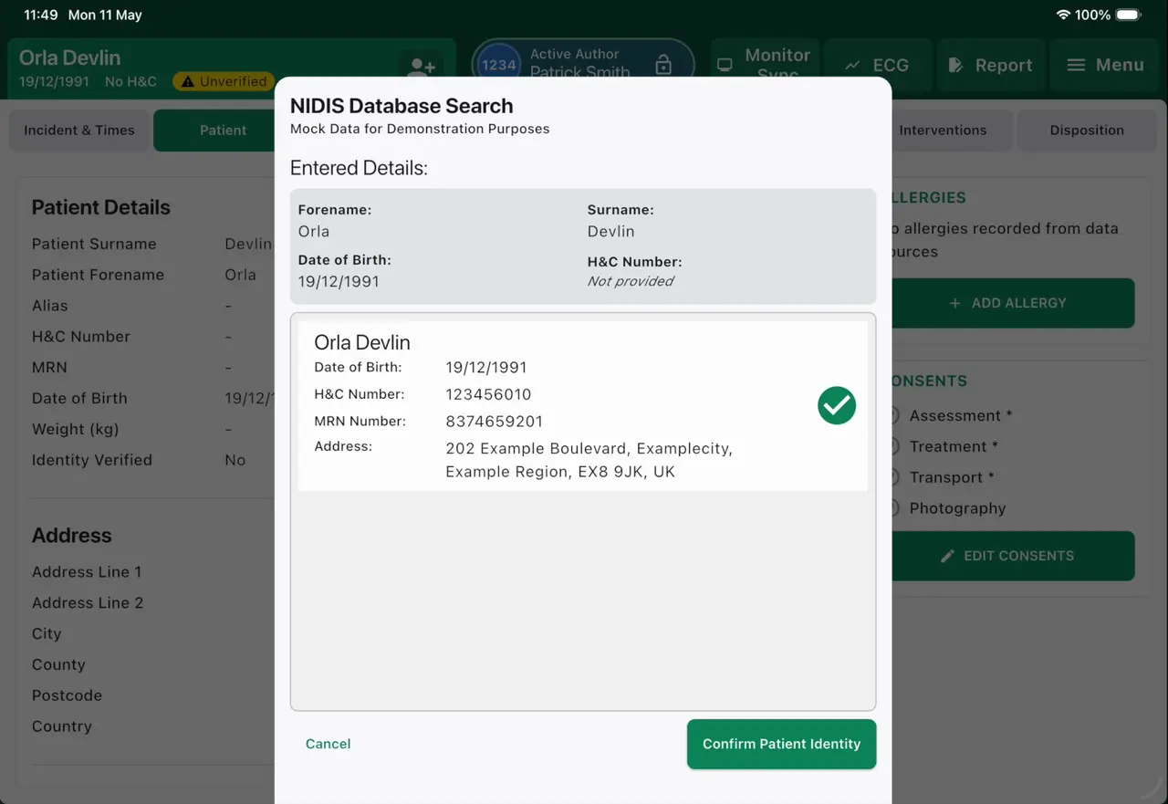 ParaNote patient search and identity confirmation screen