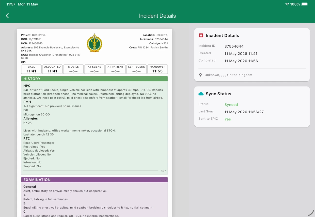 ParaNote incident report with sync status