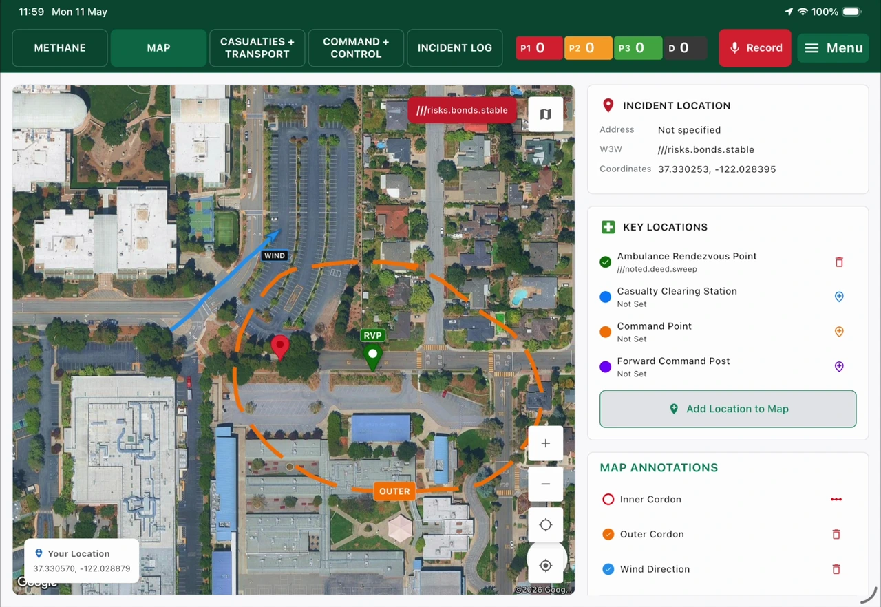 ParaNote major incident scene map with cordons and key locations