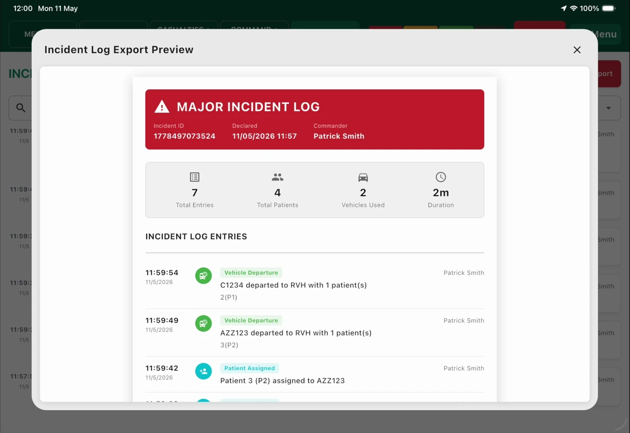 ParaNote major incident log export preview