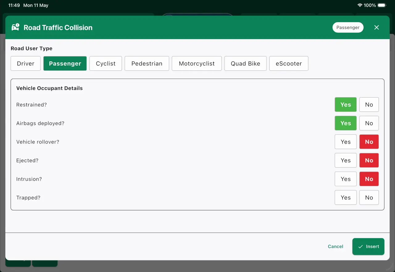 ParaNote road traffic collision occupant details screen