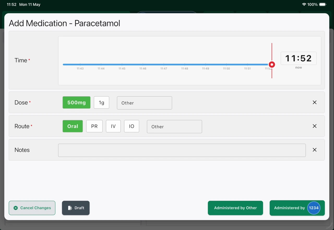 ParaNote add medication screen with time picker